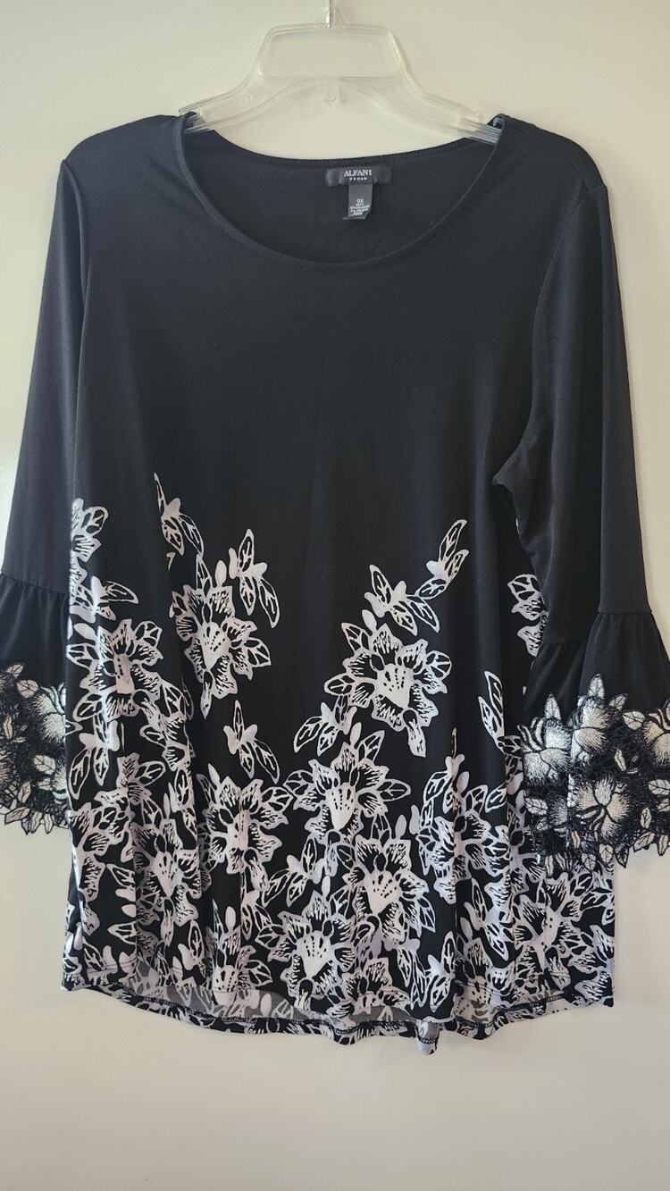 Alfani Woman Plus Size OX Black Floral Embroidered Bell Sleeve Blouse Top #251